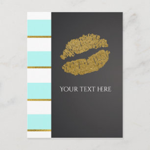 Carte Postale Aqua Blue & White Faux Gold Shimmer Lips