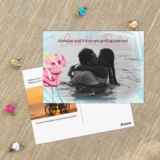 Carte postale Aqua Pink Tropical Gumdrops Save the (turquoise and pink tropical wedding save the date postcard, pink gumdrops, Hawaiian flowers theme)