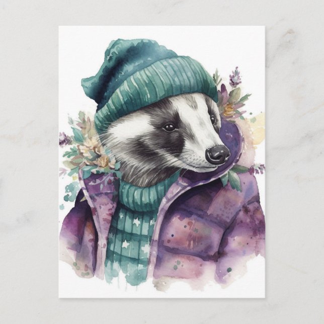 Carte Postale Aquarelle adorable Badger (Devant)