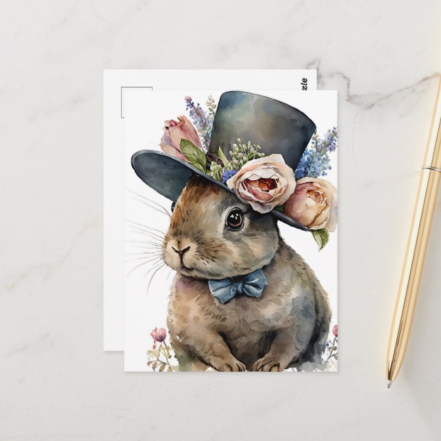 Carte Postale Aquarelle adorable Rabbit portant un Casquette (Devant/Arrière en situation)
