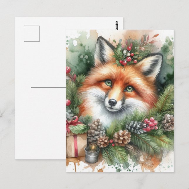Carte Postale Aquarelle adorable Renard rouge Noël (Devant / Derrière)