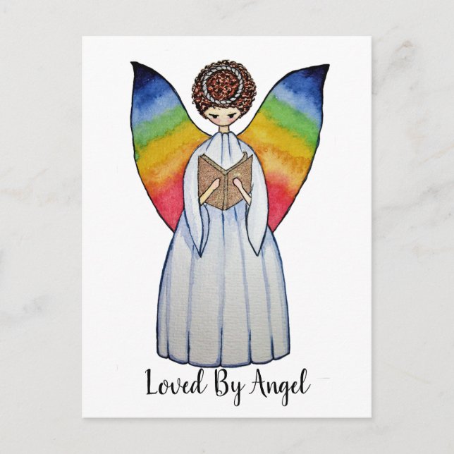 Carte Postale Aquarelle Angel Avec Arcs-En-Ciel Lire Un Livre (Devant)