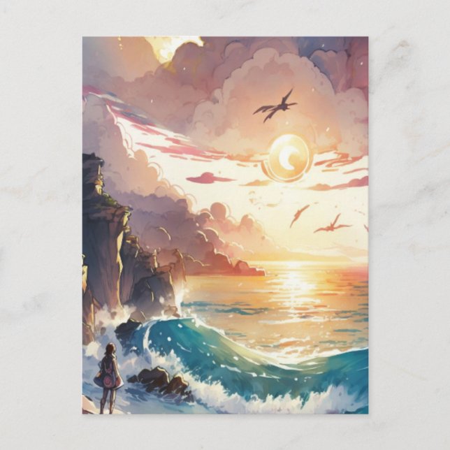 Carte Postale Aquarelle Anime jeune fille et coucher de soleil (Devant)