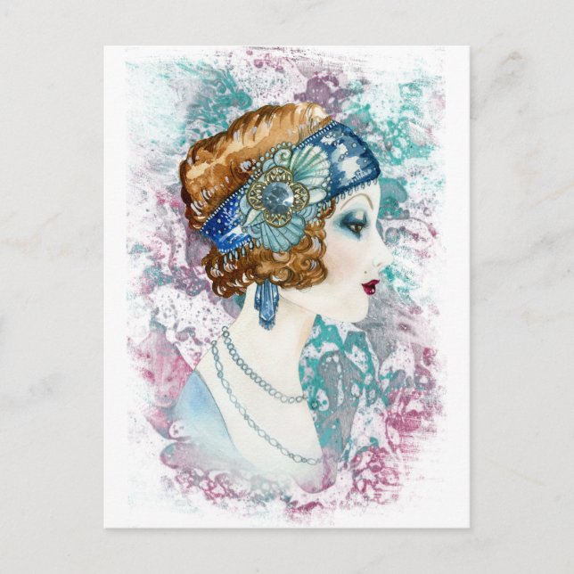 Carte Postale Aquarelle Années Art déco flapper girl (Devant)
