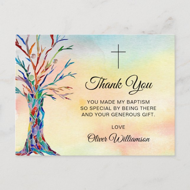 Carte Postale Aquarelle Arbre Baptême Christening Merci (Devant)
