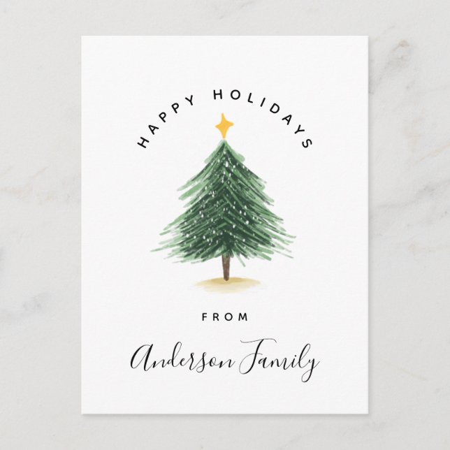 Carte Postale Aquarelle Arbre de Noël Joyeux Fêtes Salutations (Devant)