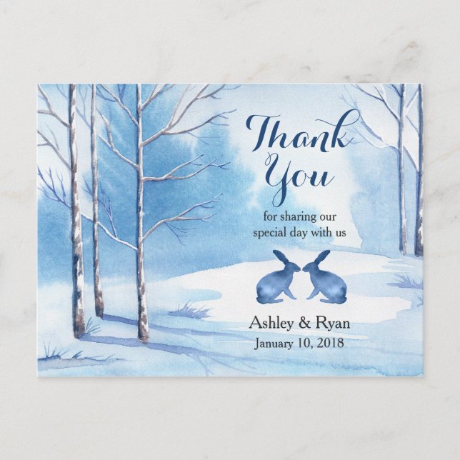 Carte Postale Aquarelle Arbres lapins Merci de mariage hivernal (Devant)