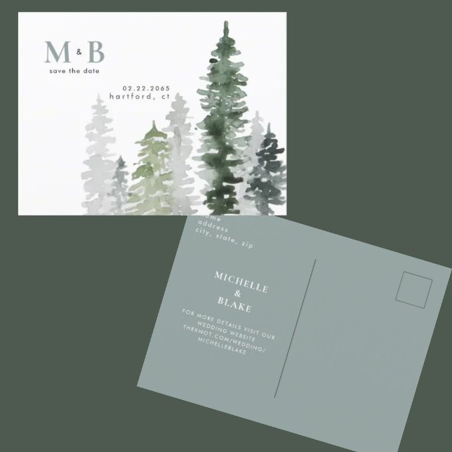 Carte Postale Aquarelle Arbres Monogramme Mariage Enregistrer la (Créateur téléchargé)