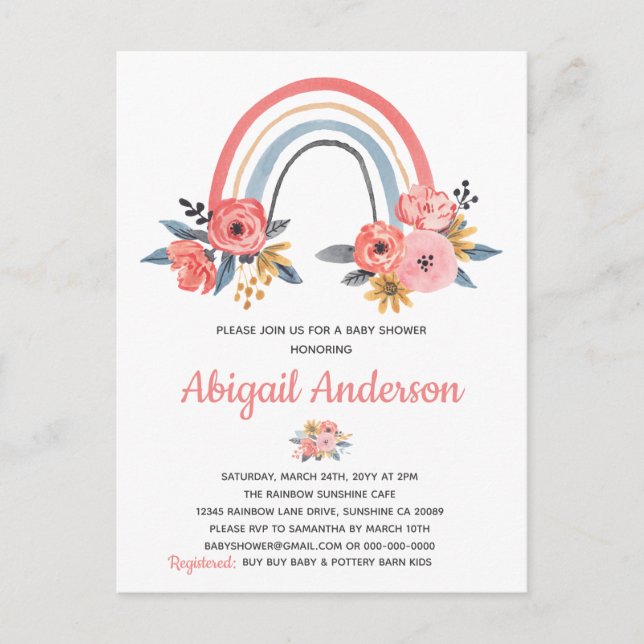 Carte Postale Aquarelle arc-en-ciel Baby shower Floral Invitatio (Devant)