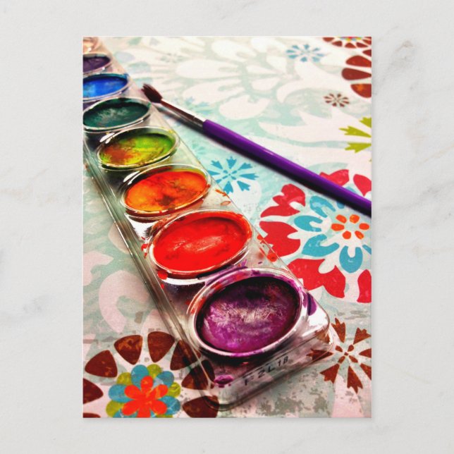 Carte Postale Aquarelle Artiste Peinture Bac et pinceau sur Fleu (Devant)