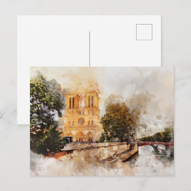 Carte Postale Aquarelle artistique de Notre-Dame Cathédrale Pari (Devant / Derrière)
