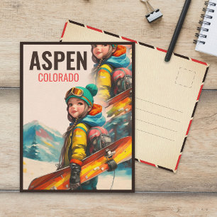 Carte Postale Aquarelle Aspen Colorado montagne Vintage fille