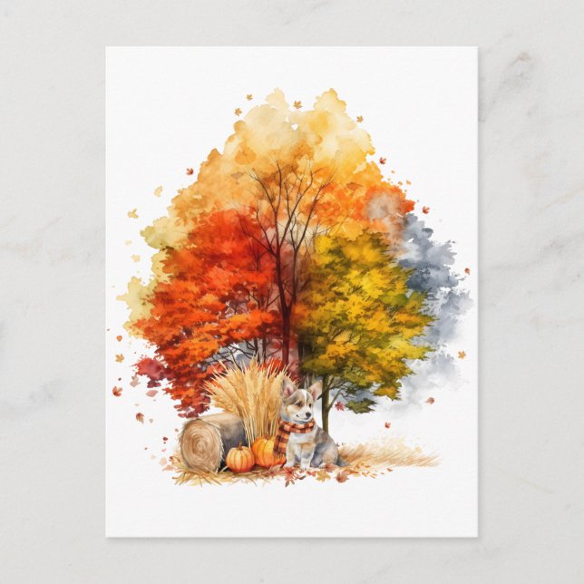 Carte Postale Aquarelle Automne Chien Design - Corgi (Devant)