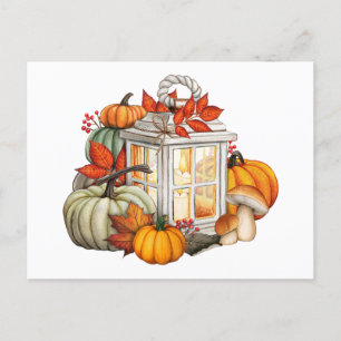 Carte Postale Aquarelle Automne Citrouilles, Feuilles et Berries