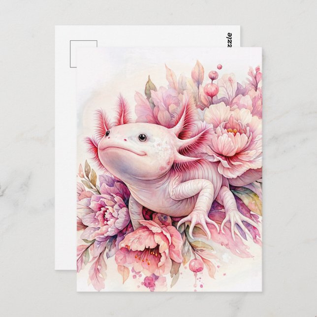 Carte postale Aquarelle Axolotl Rose (Devant / Derrière)