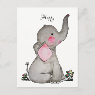 Carte Postale Aquarelle Bébé Eléphant Mignonne Avec Fleurs Minus