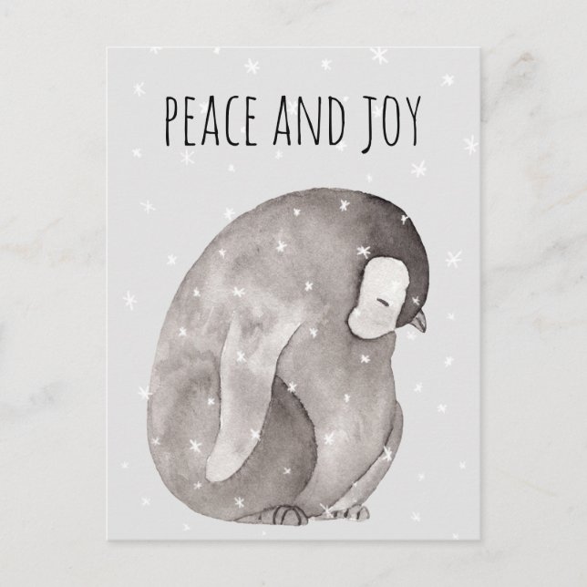Carte Postale Aquarelle bébé pingouin hiver neige Paix et joie (Devant)