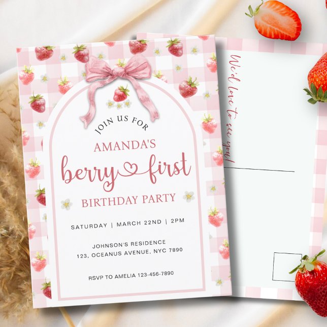 Carte Postale Aquarelle Berry fraise Premier 1er anniversaire (Créateur téléchargé)