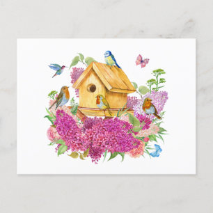 Carte Postale Aquarelle Birdhouse, Oiseaux et Fleurs Lilac