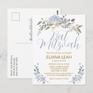 Carte Postale Aquarelle bleu bat mitzvah Floral