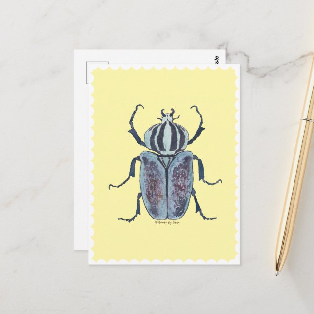 Carte Postale Aquarelle bleu Beetle (Devant/Arrière en situation)