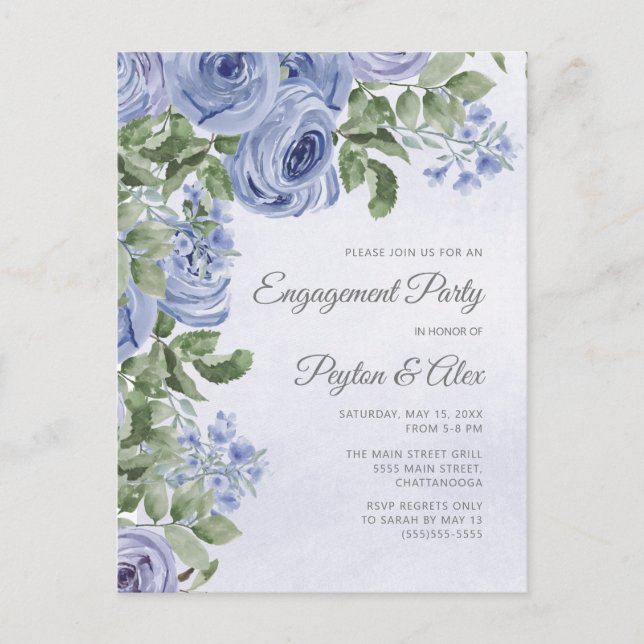 Carte Postale Aquarelle bleu Dusty Fiançailles Floral (Devant)
