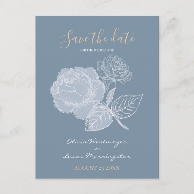 Carte Postale Aquarelle bleu Dusty Rose doré Enregistrer la date (Devant)