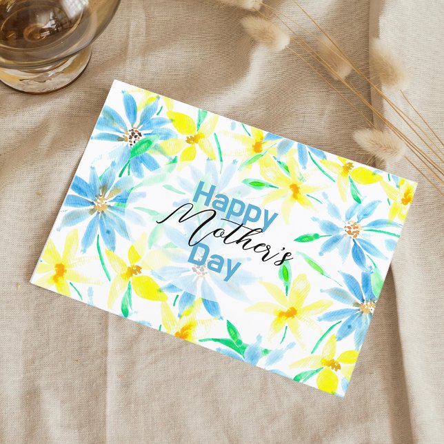 Carte Postale Aquarelle Bleu Fleurs Jaunes Fête des Mères (Créateur téléchargé)