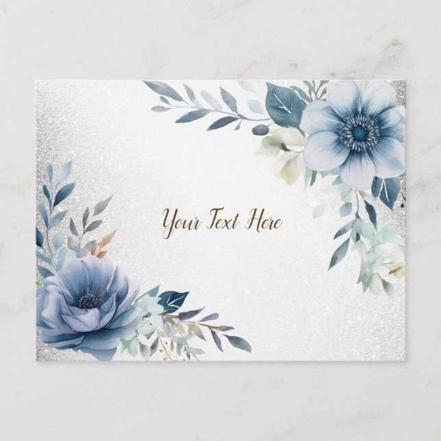 Carte Postale Aquarelle bleu foncé Fleurs Argent Élégant (Devant)