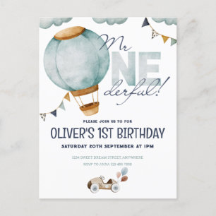 Carte Postale Aquarelle Bleu Hot Air Balloon M. ONEderful Boy
