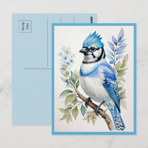 Carte Postale Aquarelle Bleu Jay Bird sur branche d'arbre