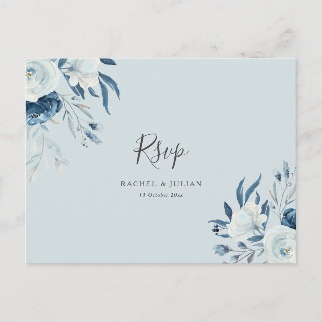 Carte Postale Aquarelle bleu pâle mariage floral RSVP (Devant)