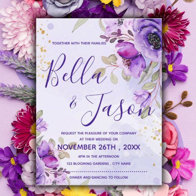Carte Postale Aquarelle bleu violet Faire-part de mariage floral (Créateur téléchargé)