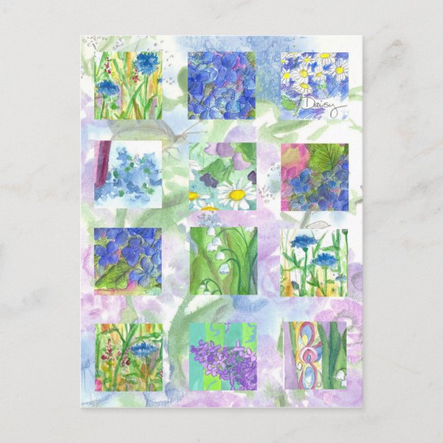 Carte Postale Aquarelle bleue Fleurs Collage Art Lilac Daisy (Devant)