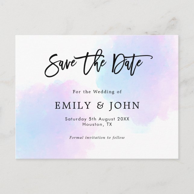 Carte Postale Aquarelle Bleue/Lilac/Mariage Script Enregistrer L (Devant)