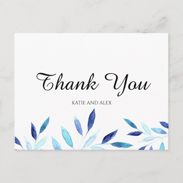 Carte Postale Aquarelle bleue Merci Feuille (Devant)
