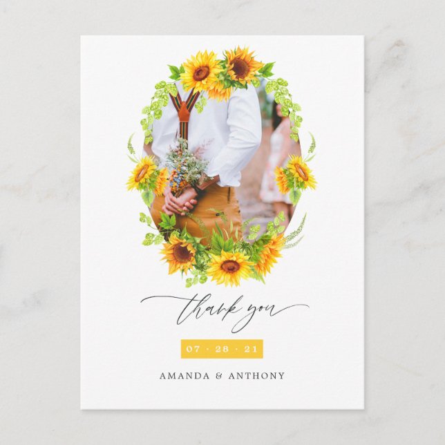 Carte Postale Aquarelle Boho Sunflowers Mariage Photo Merci (Devant)