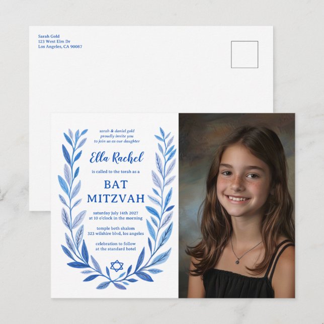 Carte Postale Aquarelle botanique CUSTOM PHOTO Bat Bar Mitzvah (Devant / Derrière)