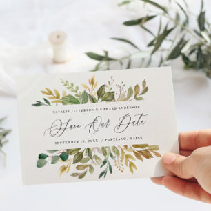 Carte Postale Aquarelle botanique or vert chute script moderne