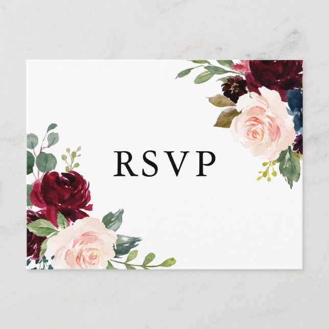 Carte Postale Aquarelle Bourgogne et Fleurs bleues Mariage RSVP (Devant)