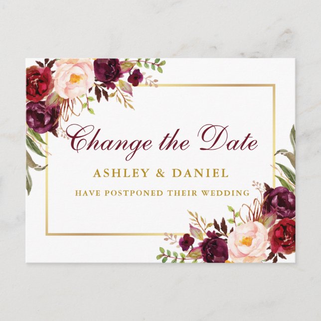 Carte Postale Aquarelle Bourgogne Floral Or Changer La Date (Devant)
