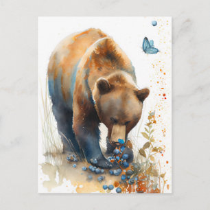Carte Postale Aquarelle Brown Ours Manger Blueberries