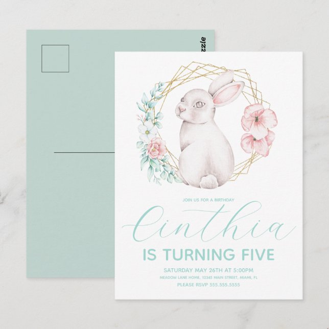 Carte Postale Aquarelle Bunny de Pâques fille Anniversaire Paste (Devant / Derrière)