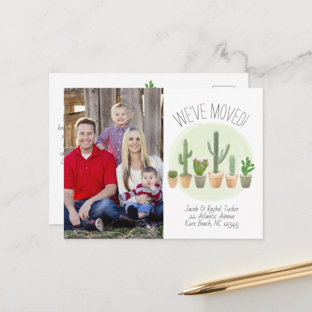 Carte Postale Aquarelle Cactus Nous avons déplacé Faire-part de  (Devant/Arrière en situation)