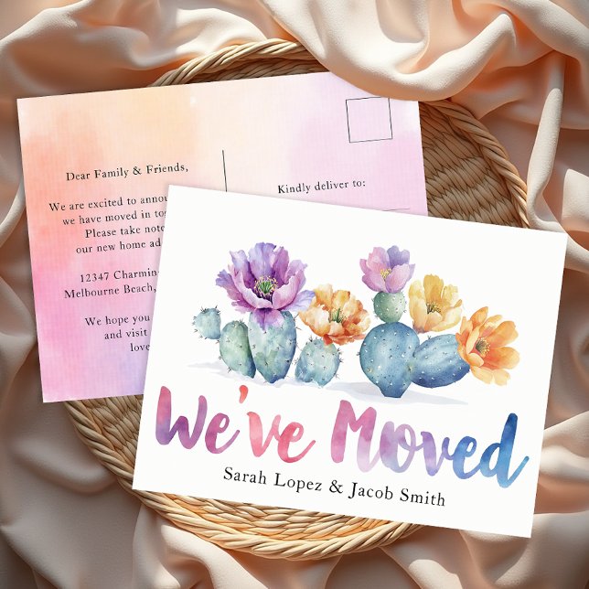 Carte Postale Aquarelle Cactus Nous avons déplacé la Faire-part (We've Moved Postcard)