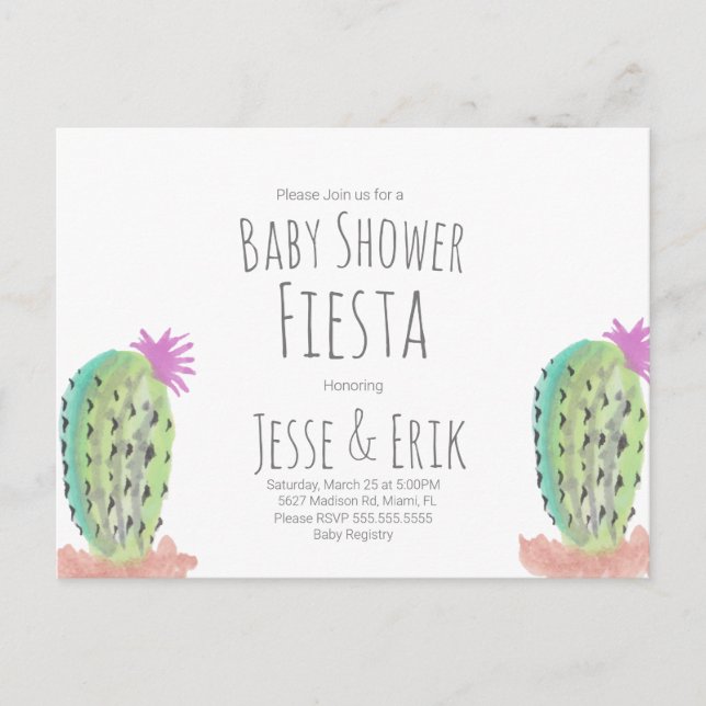 Carte Postale Aquarelle Cactus Plantes Baby shower peint à la ma (Devant)