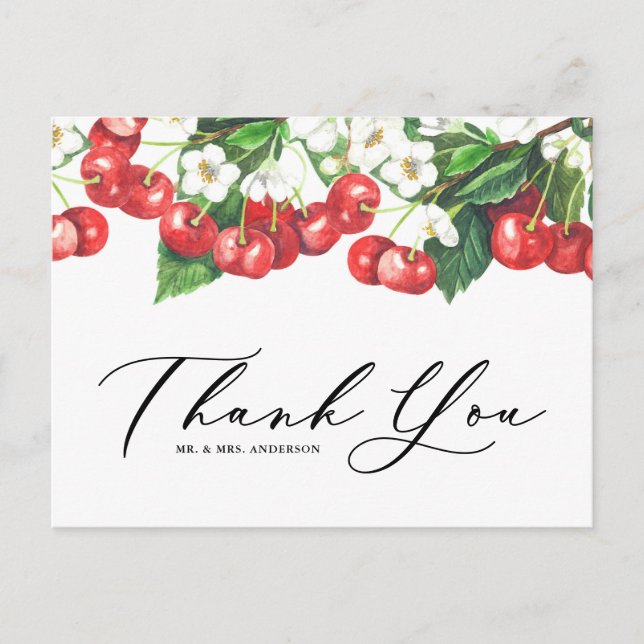 Carte Postale Aquarelle Cerises Rouges et Fleurs de Merci (Devant)