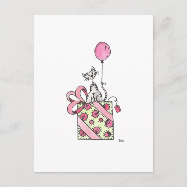 Carte Postale Aquarelle Chat Anniversaire Présente (Devant)