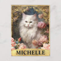 Aquarelle Chat Blanc Vintage et Roses Roses