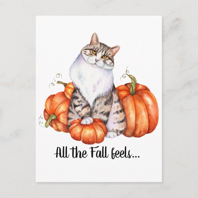 Carte Postale Aquarelle Chat et Citrouilles sensations de chute (Devant)